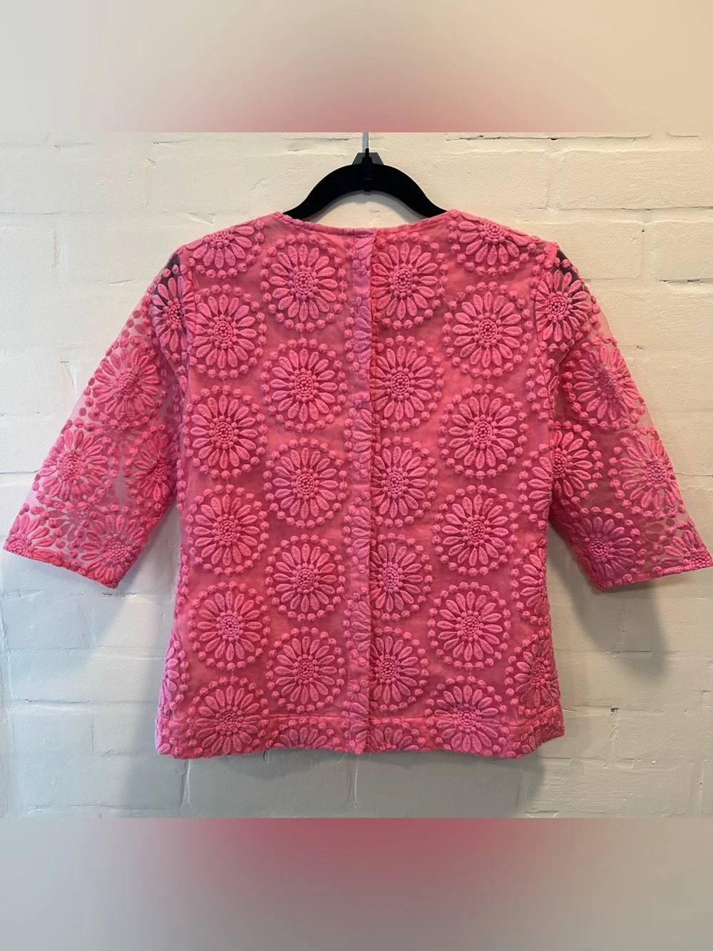Boden Pink Floral Embroidered Cotton Organza Top Sheer 3/4 Sleeve Blouse Size 4